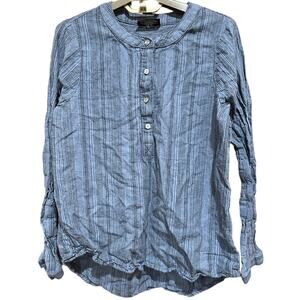 BLEU Women Tunic Top Size M Blue Gray Striped Linen Blend Long Sleeve